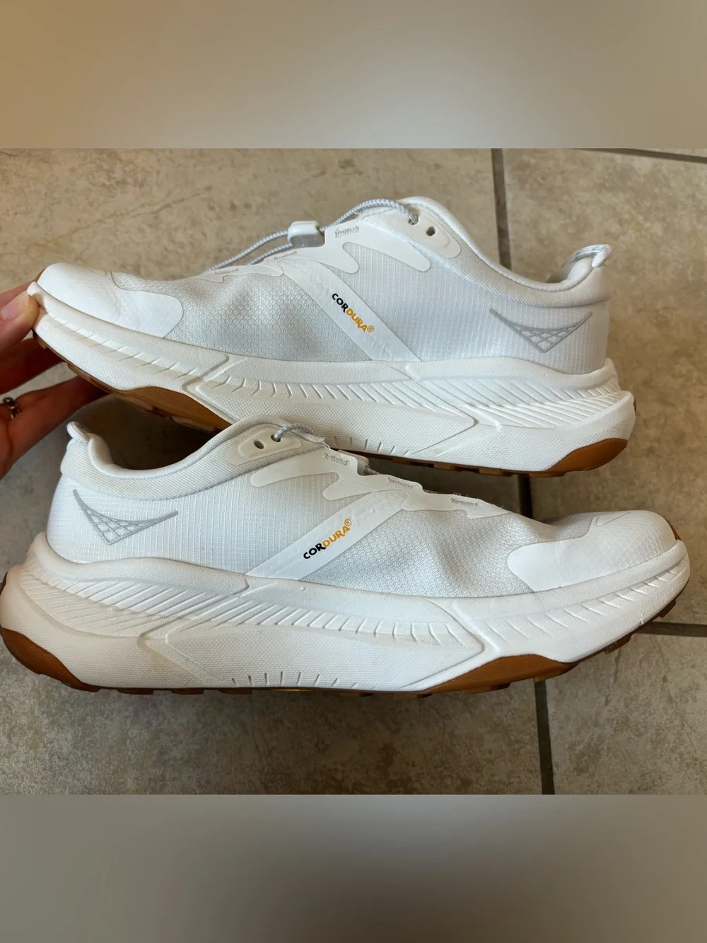 Hoka Transport White and Tan Athletic Sneakers